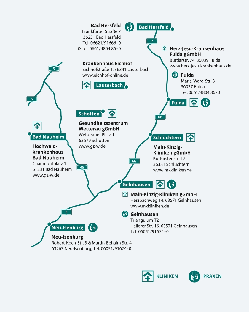 Übersichtskarte der Behandlungsstandorte des Wirbelsäulen-Zentrums Fulda|Main|Kinzig